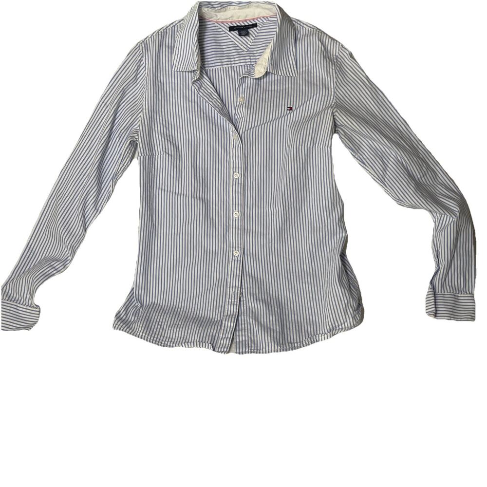 Tommy Hilfiger Top Women's PS Blue Striped Cotton Button Up Shirt - EUC